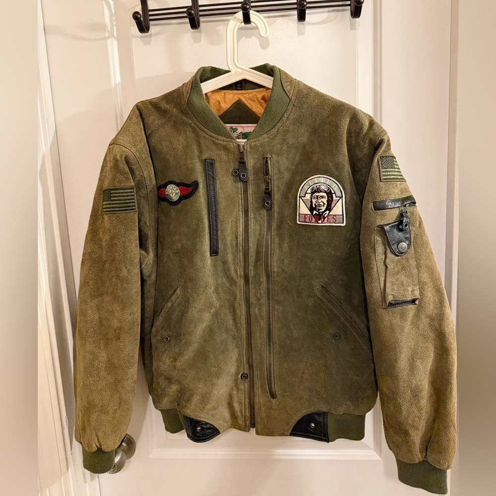 Vintage Army Green Suede Bomber Jacket with Patch Details
